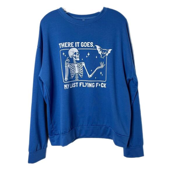 Amazon Women's Last Flying F*ck Crewneck Sweatshirt XL Blue Halloween Skeleton - Picture 2 of 8